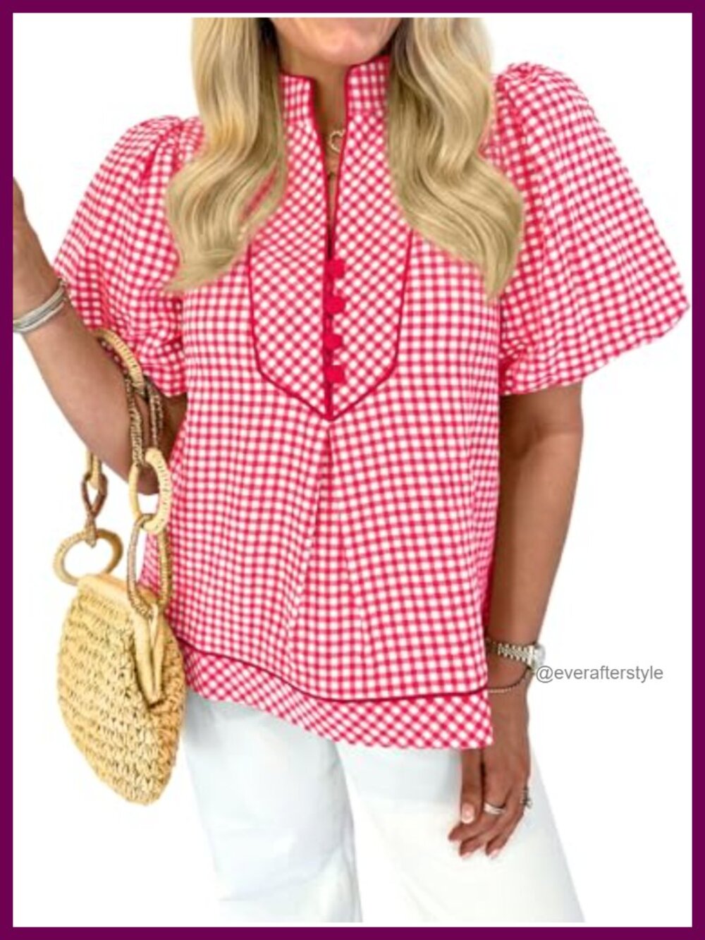 Gingham Button Down Blouse Puff Short Sleeve V Neck Top